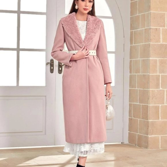 Faux Fur neckline Collar Overcoat Jacket Pink - Picture 5 of 6